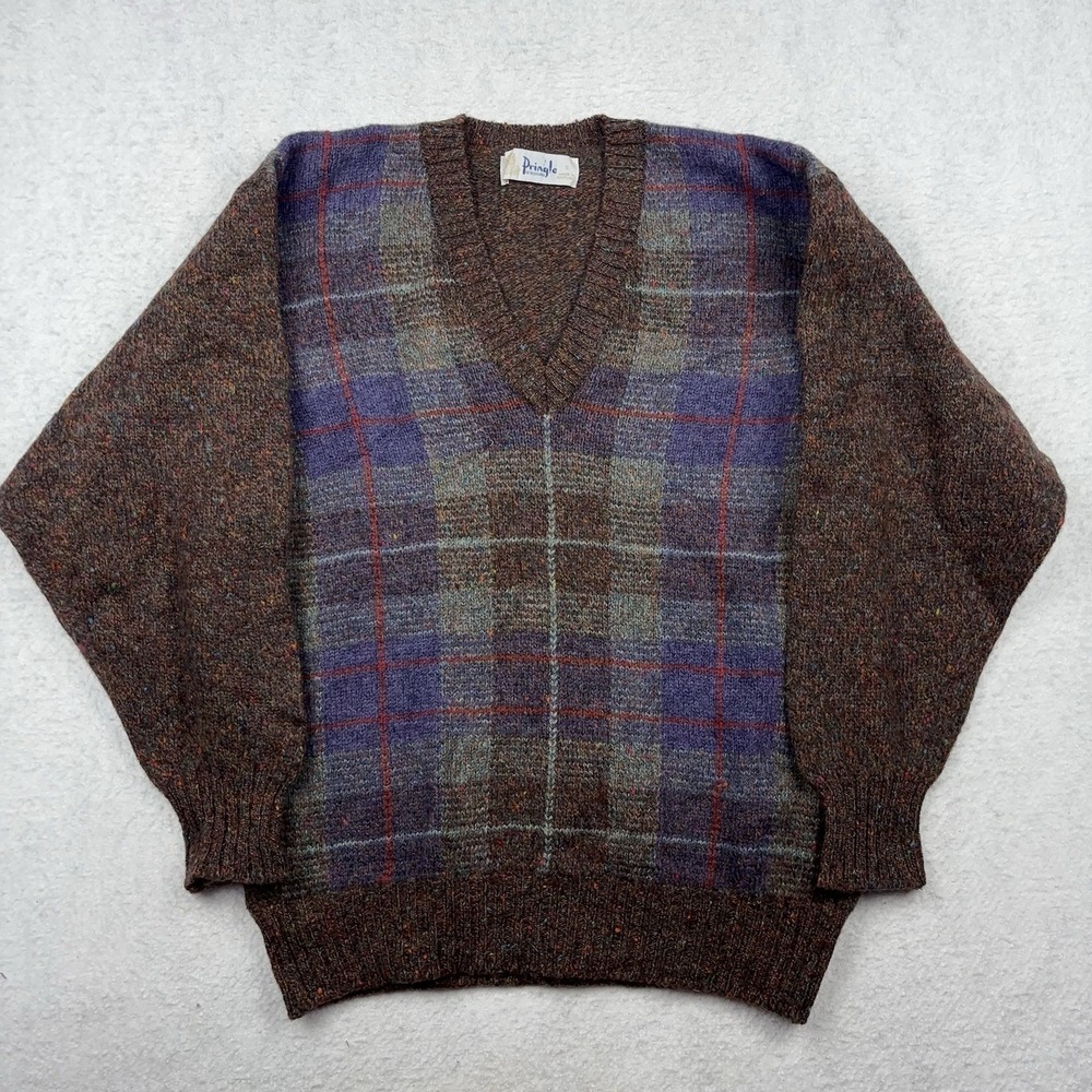 VTG Pringle Sweater Men's Small V-Neck 100% Wool Scotland Windowpane Plaid Brown